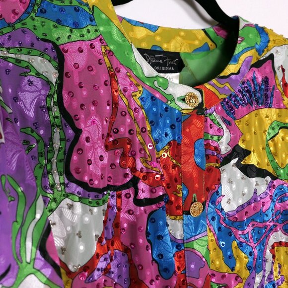 VTG Diane Freis Bold Colorful Abstract Sequin Gold Buttoned Cardigan New NWOT - Picture 6 of 9